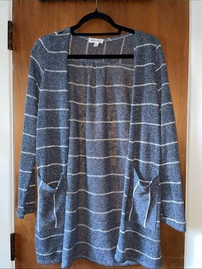 Halogen Open-Front Blue Striped Knit Cardigan